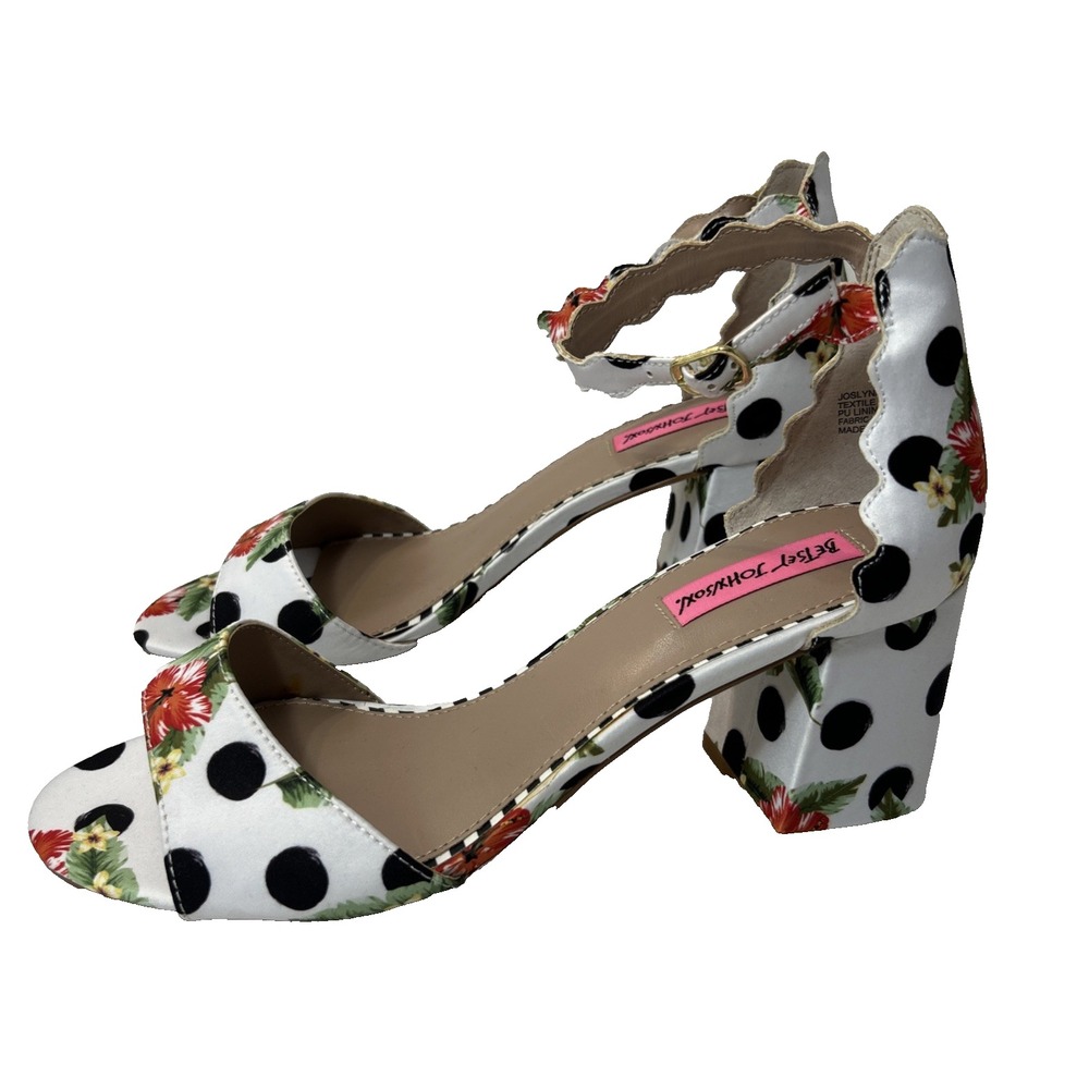 Betsy Johnson Polka Dot Ankle Strap Block Heel Joslyn Black White Floral 9.5